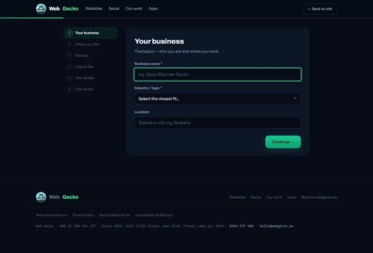 The WebGecko quote tool showing a fixed price